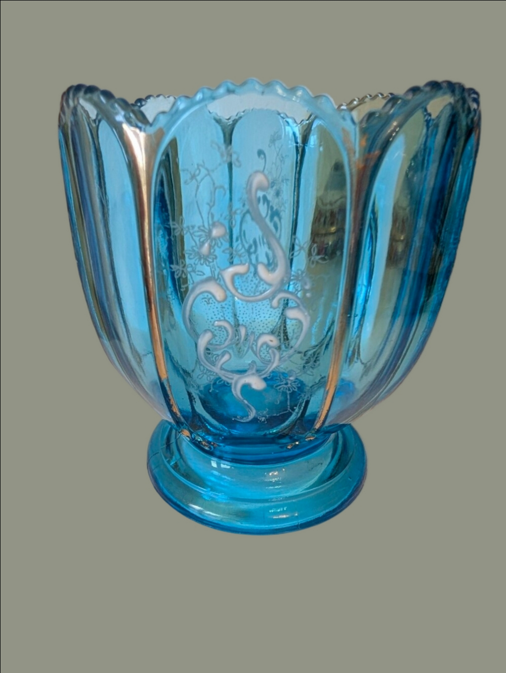 Vintage Spooner From 1902 Blue Glass Scalloped Edge, Gold Enamel Design Fluted